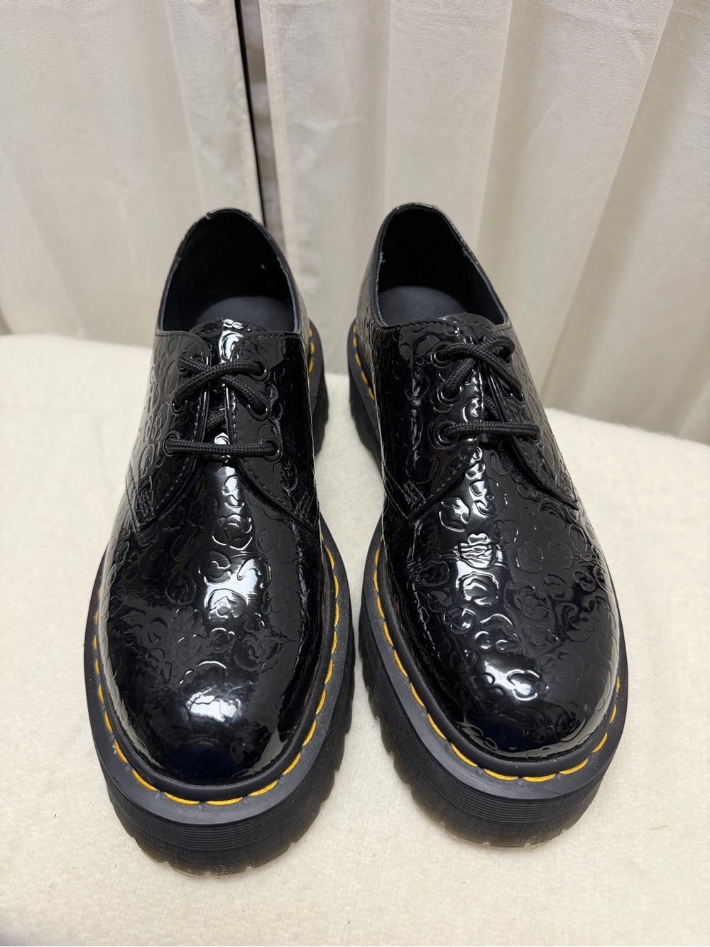 Dr. Martens 1461 Quad Platform Black Embossed Patent Leather Oxfords Women’s